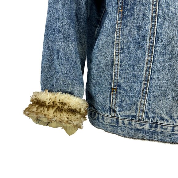 Big Dogs Womens Denim Fur Collar Jacket Large Button Up Vintage Blue - Picture 8 of 13